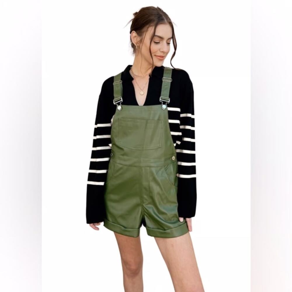 Revolve x WeWoreWhat Vegan Leather Short Overalls Womens Size Medium Basil Green - Picture 2 of 7